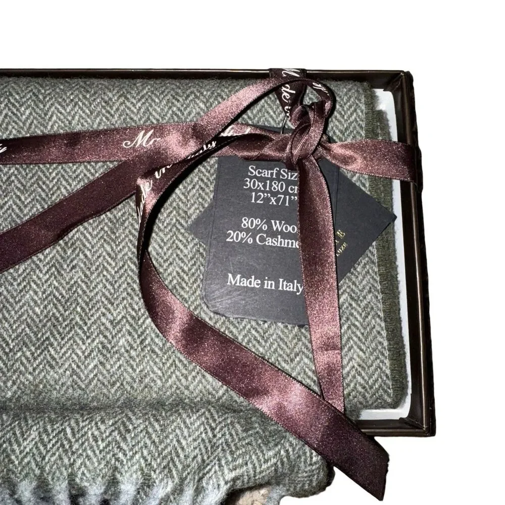 NWT Linea Emmeti Scarf Gray White Chevron Cashmere Wool Blend 12x71 Italian Made